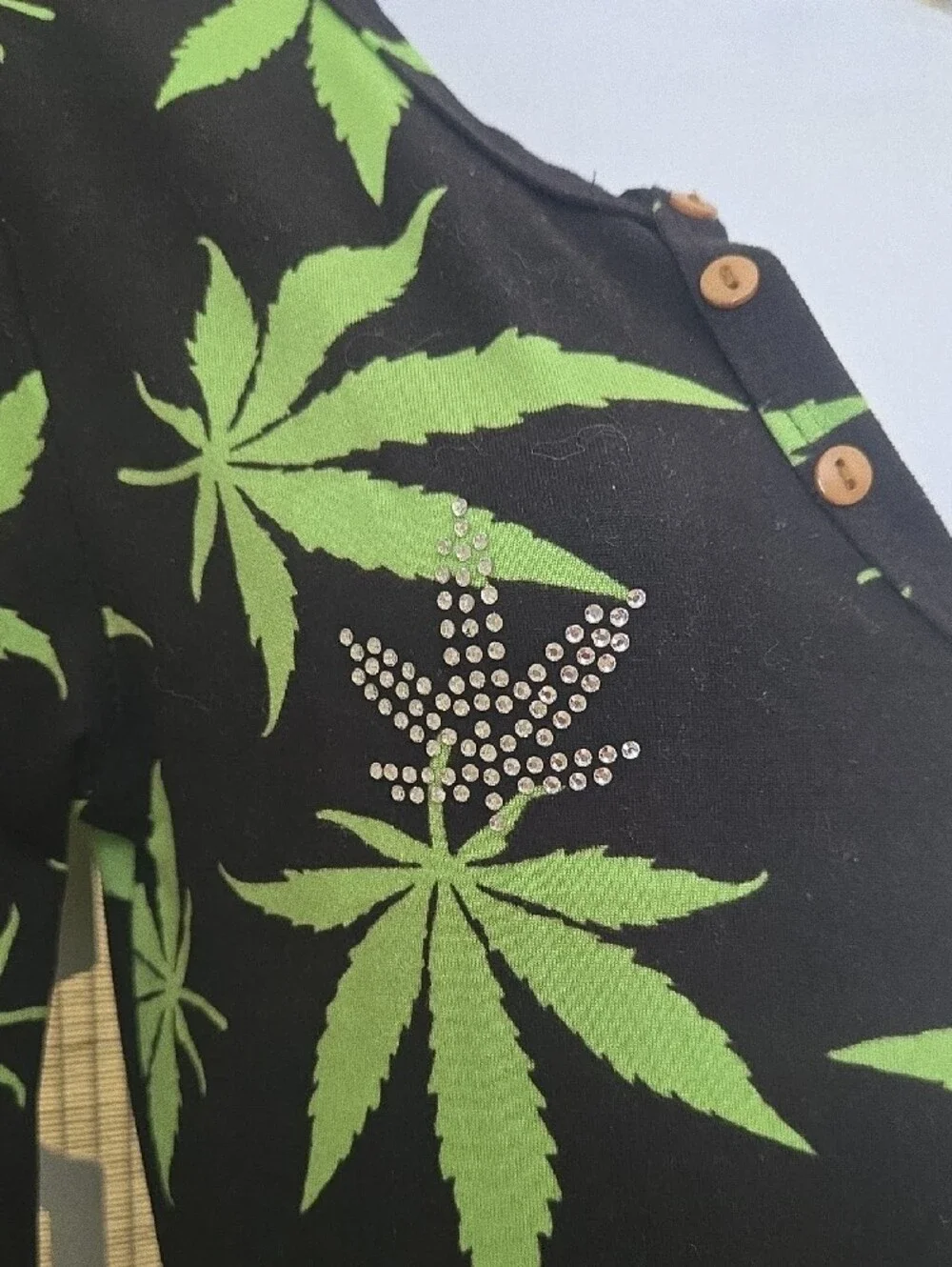 420 Black Jumpsuit with Neon Green Leaf Print